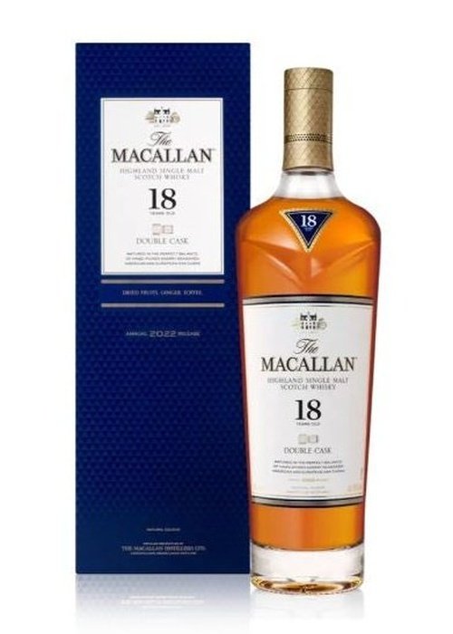 The Macallan 18 Year Old Double Cask single malt whisky bottle with dark blue textured box