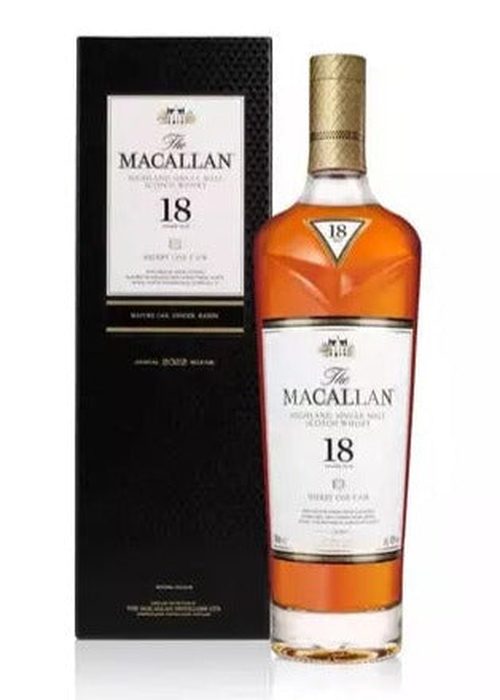 The Macallan 18 Year Old Sherry Cask single malt Scotch whisky bottle with black textured box