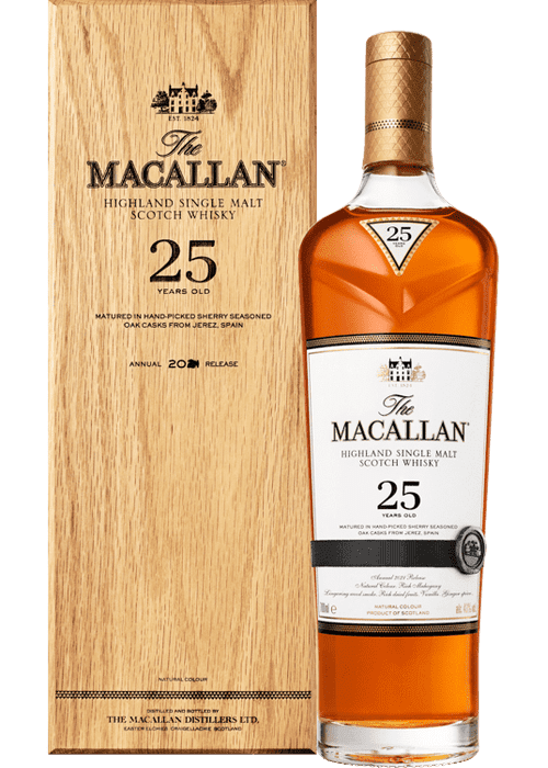 The Macallan 25 Year Old Sherry Cask single malt Scotch whisky bottle with wooden presentation box