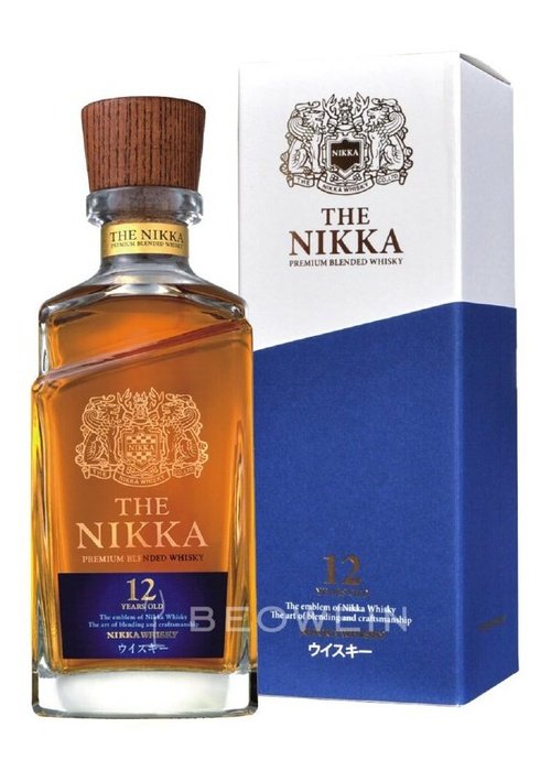 The Nikka 12 Year Old Premium Blended Whisky bottle and box with Japanese crest design