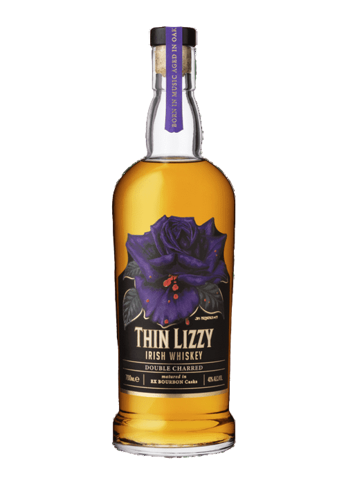 Thin Lizzy Irish Whiskey 700mL bottle with purple rose label and black cap