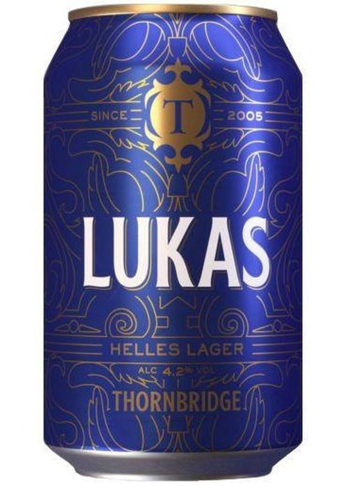 Thornbridge Lukas Helles Lager gluten-free beer can with gold line art