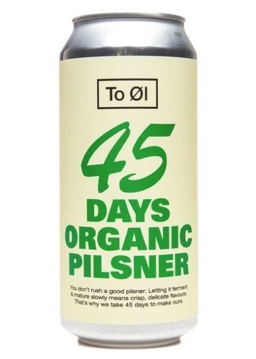 To Øl 45 Days Organic Pilsner Can 440ML silver aluminum with cream label and green text