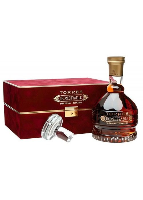 Torres Honorable Imperial Brandy 700ml amber spirit in glass bottle with gold foil neck and red velvet presentation box