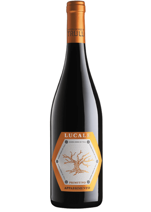 Trulli Lucale Primitivo Apassimento red wine bottle with hexagonal orange label and tree illustration