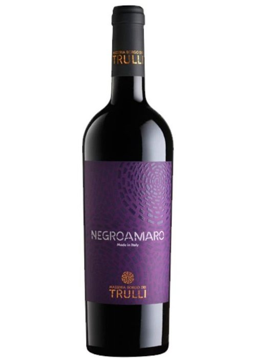 Trulli Negromaro red wine bottle with purple label and gold text