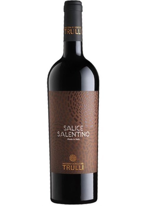 Trulli Salice Salentino red wine bottle with brown geometric label and gold lettering