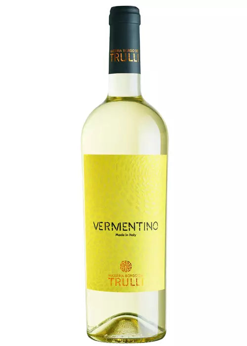 Trulli Vermentino white wine bottle with pale yellow liquid and textured yellow label