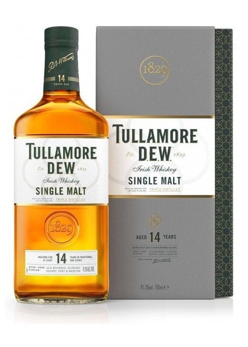 Tullamore D.E.W. 14 Year Old Single Malt Irish Whiskey bottle and box with amber liquid