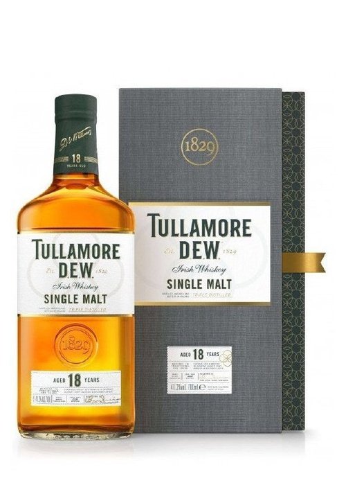 Tullamore D.E.W. 18 Year Old Single Malt Irish Whiskey bottle and box packaging