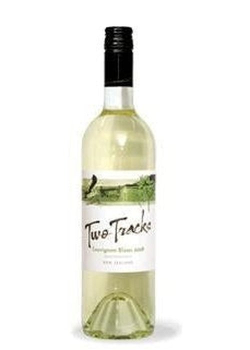 Two Tracks Sauvignon Blanc white wine bottle with green landscape label