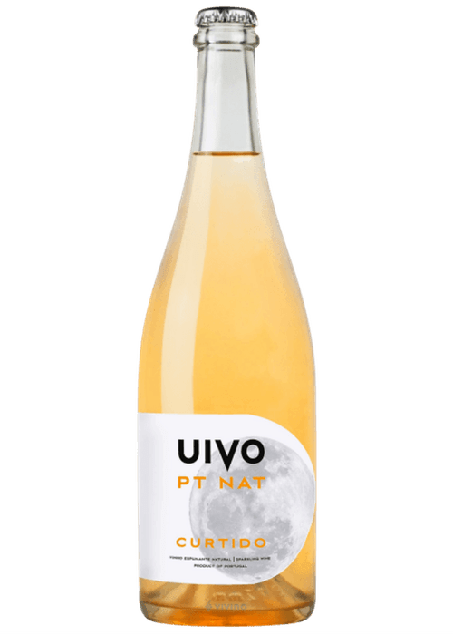 Uivo PT NAT natural sparkling wine bottle with pale yellow cloudy liquid and white label