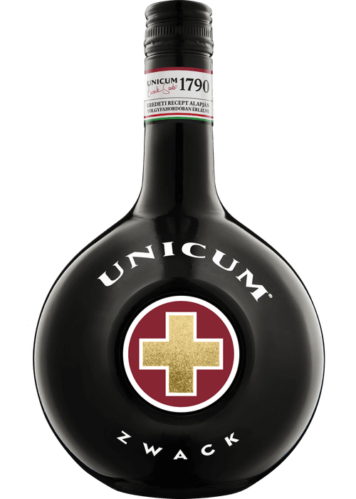 Unicum 700ML black glass bottle with red and gold emblem label
