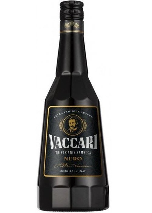 Vaccari Nero Triple Anise Sambuca 700ml black glass bottle with gold label and star anise motifs