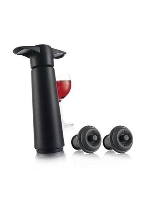 VacuVin black wine saver pump with reusable rubber stoppers for preserving opened bottles