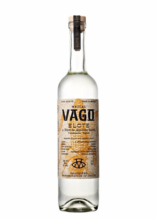 Vago Elote Mezcal 700ml bottle with roasted corn, 49.9% ABV, 100% agave spirit