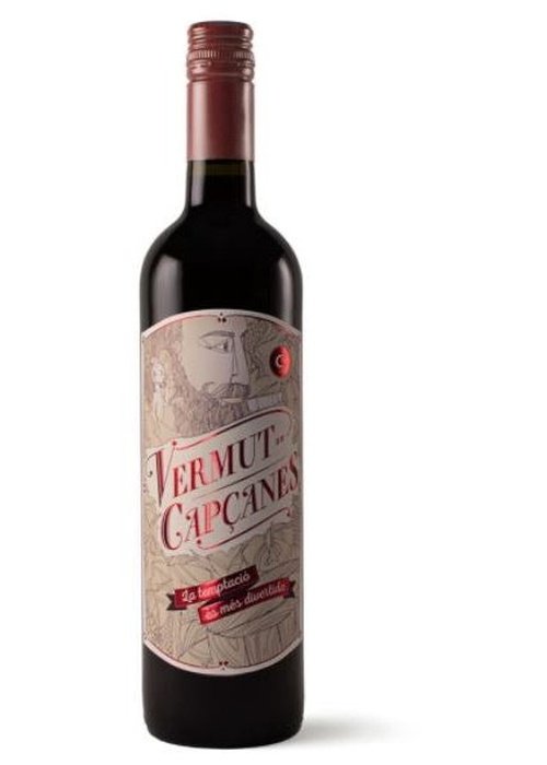 Vermut De Capcanes fortified wine bottle with red foil capsule and beige label