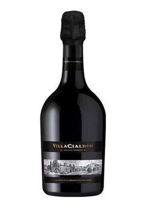 Villa Cialdini Lambrusco sparkling wine bottle with black foil and gold label
