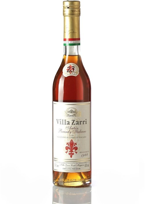 Villa Zarri 1988 23 Year Old Italian Brandy 500mL bottle with gold cap and vintage label