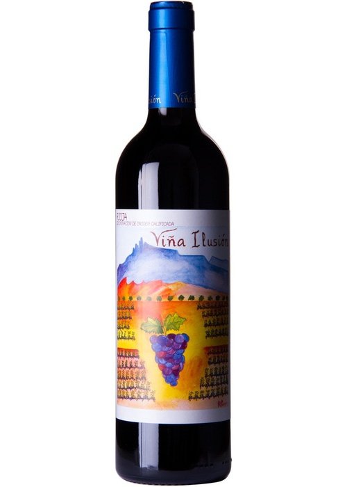 Vina Illusion Rioja organic red wine bottle with watercolor mountain label
