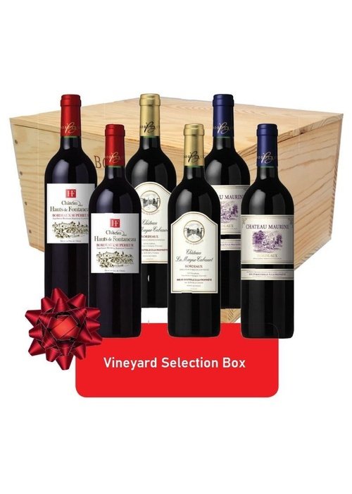 Vineyard Selection Bordeaux Box with 6 wine bottles in wooden crate and red bow