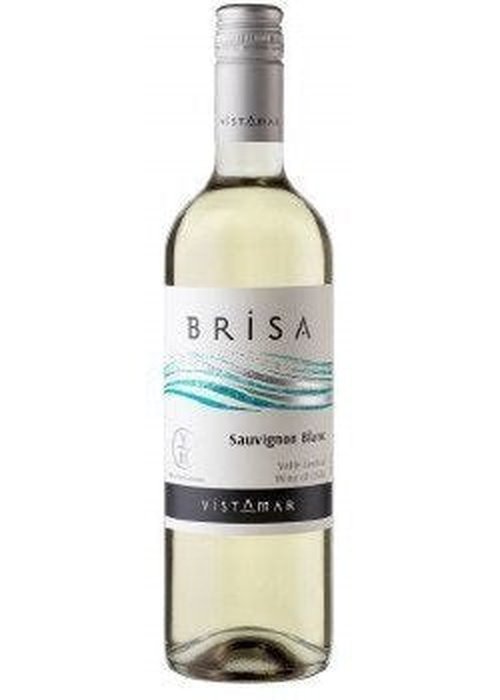 Brisa Vistamar Sauvignon Blanc white wine bottle with pale yellow liquid and teal wave label