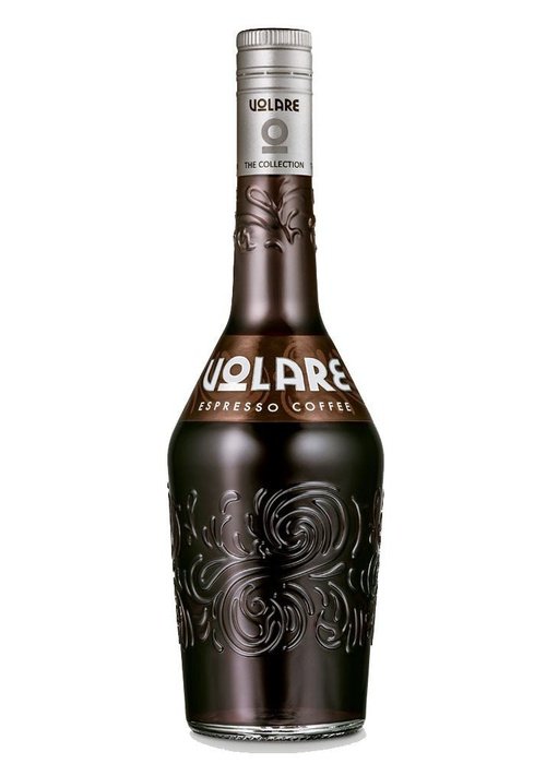 Volare Espresso Coffee 700ml liqueur bottle with embossed brown glass and silver cap