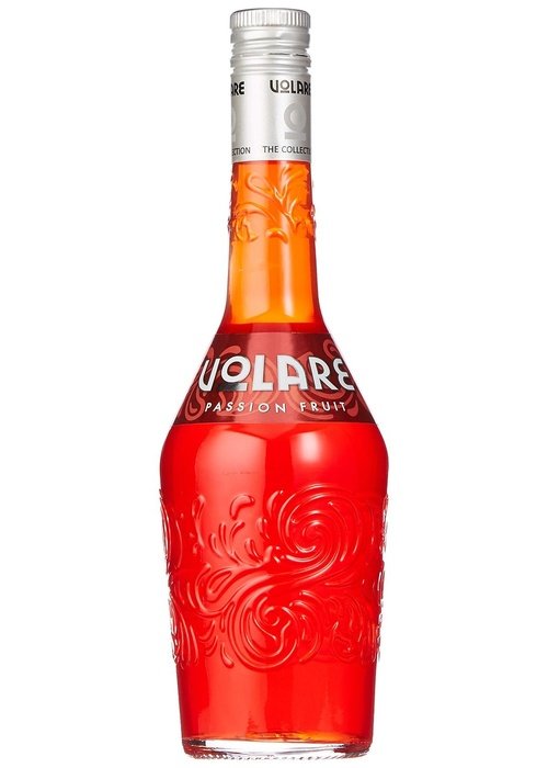 Volare Passionfruit 700ml red liqueur bottle with floral embossing and silver cap