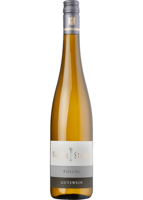 Wagner Stempal Riesling Trocken white wine bottle with silver screw cap and gray label