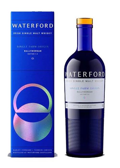 Waterford Ballymorgan Edition 1:2 Irish single malt whiskey bottle with blue glass and gold cap