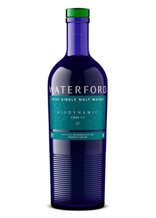 Waterford Biodynamic Luna Edition 1.1 Irish single malt whisky bottle with green cap and textured blue glass