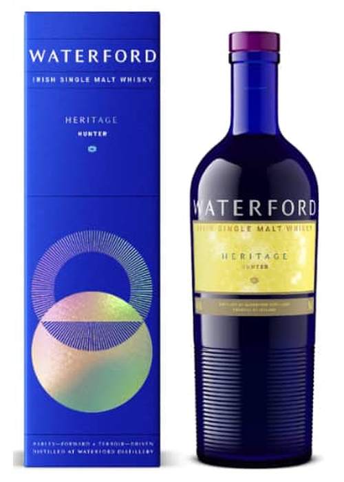 Waterford Heritage Hunter 700ml Irish Single Malt Whisky bottle and blue box with geometric design