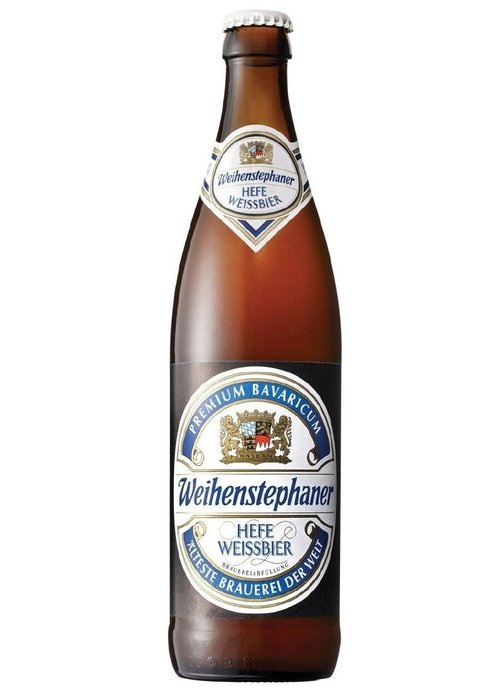 Weihenstephaner Hefe Weissbier 500ml brown glass bottle with cloudy wheat beer and premium Bavarian label