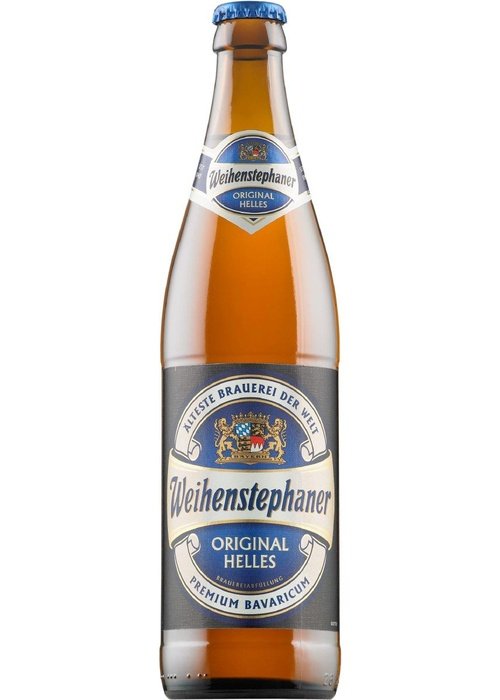 Weihenstephaner Original Helles 500ml amber glass beer bottle with blue cap and crest label