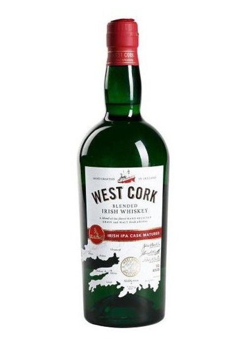 West Cork IPA Cask Blended Irish Whiskey green bottle with red cap and white label