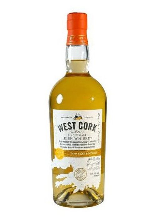 West Cork Single Malt Irish Whiskey Rum Cask Finished 700ML bottle with golden-amber liquid and orange cap