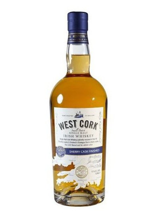 West Cork Sherry Cask Single Malt Irish Whiskey 43% ABV bottle with blue cap and Ireland map label