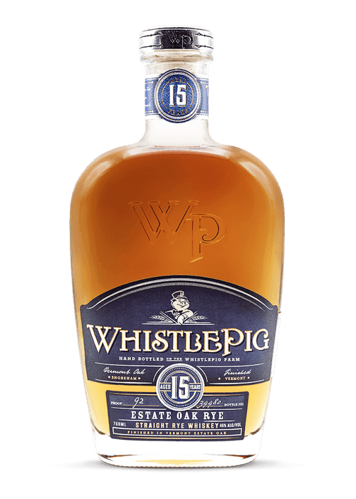 Whistlepig 15 Year Old Estate Oak Rye Whiskey bottle with blue label and silver cap