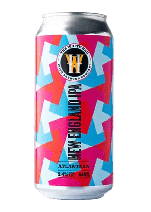 White Hag Atlantean New England IPA 440ml can with pink blue and white geometric design