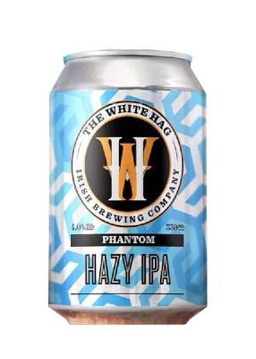 White Hag Phantom Hazy IPA 330ml can with blue white geometric label