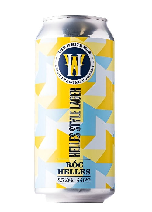 White Hag Róc Helles Style Lager 440ml aluminum can with geometric yellow blue label
