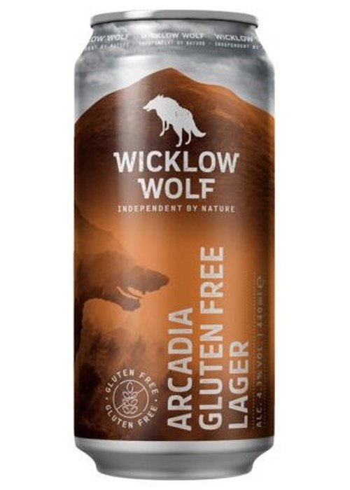 Wicklow Wolf Arcadia gluten free lager 440ml silver can with wolf silhouette