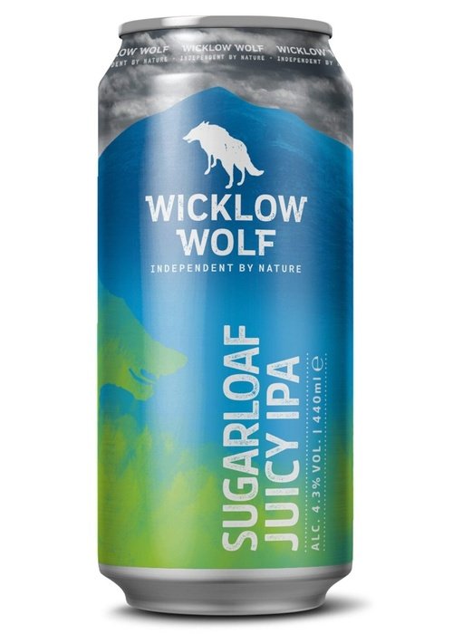 Wicklow Wolf Sugarloaf Juicy IPA 440ml can with blue green gradient label and wolf silhouette