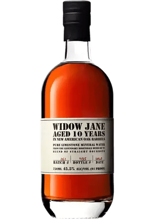 Widow Jane Aged 10 Years bourbon bottle with cream label and amber liquid