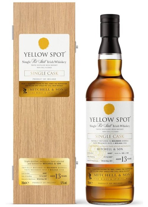 Yellow Spot 13 Year Old Single Cask Pot Still Irish Whiskey bottle and wooden presentation box