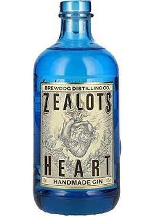 Zealot's Heart Handmade Gin 700ml blue glass bottle with heart label