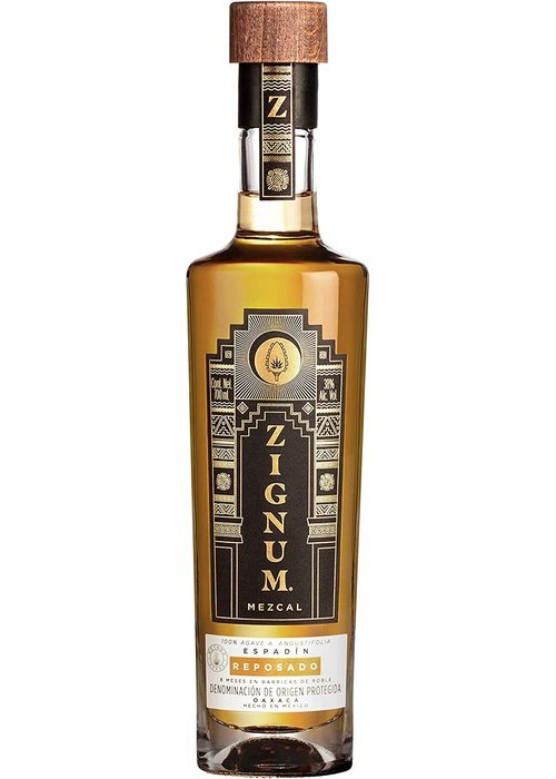 Zignum Mezcal Reposado 700ML Espadin bottle with black Art Deco label and wooden cap