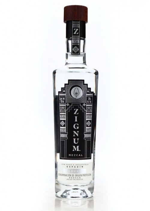 Zignum Mezcal Silver 700ml bottle with black geometric label and wooden cap