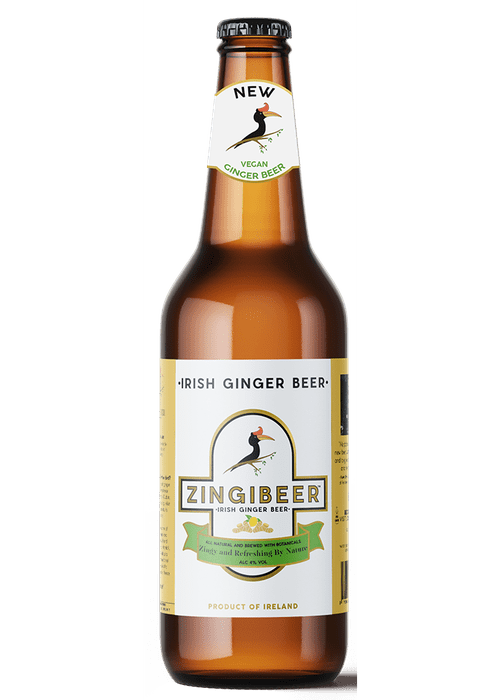 Zingibeer 500ml Irish ginger beer bottle with vegan label and bird logo